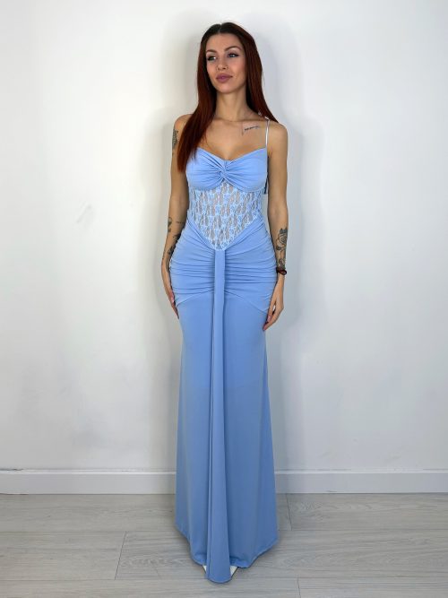 Abito Lungo con Inserti in Pizzo e Drappeggio - Celeste